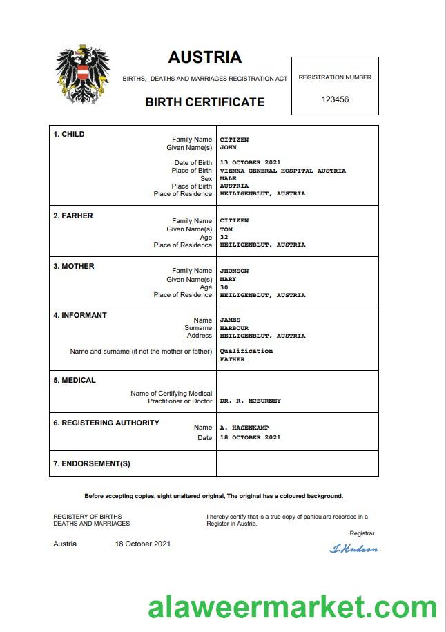 Austria vital record birth certificate Word and PDF template